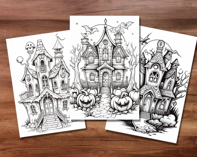 Halloween Coloring Pages For Adults Featuring Haunted Houses