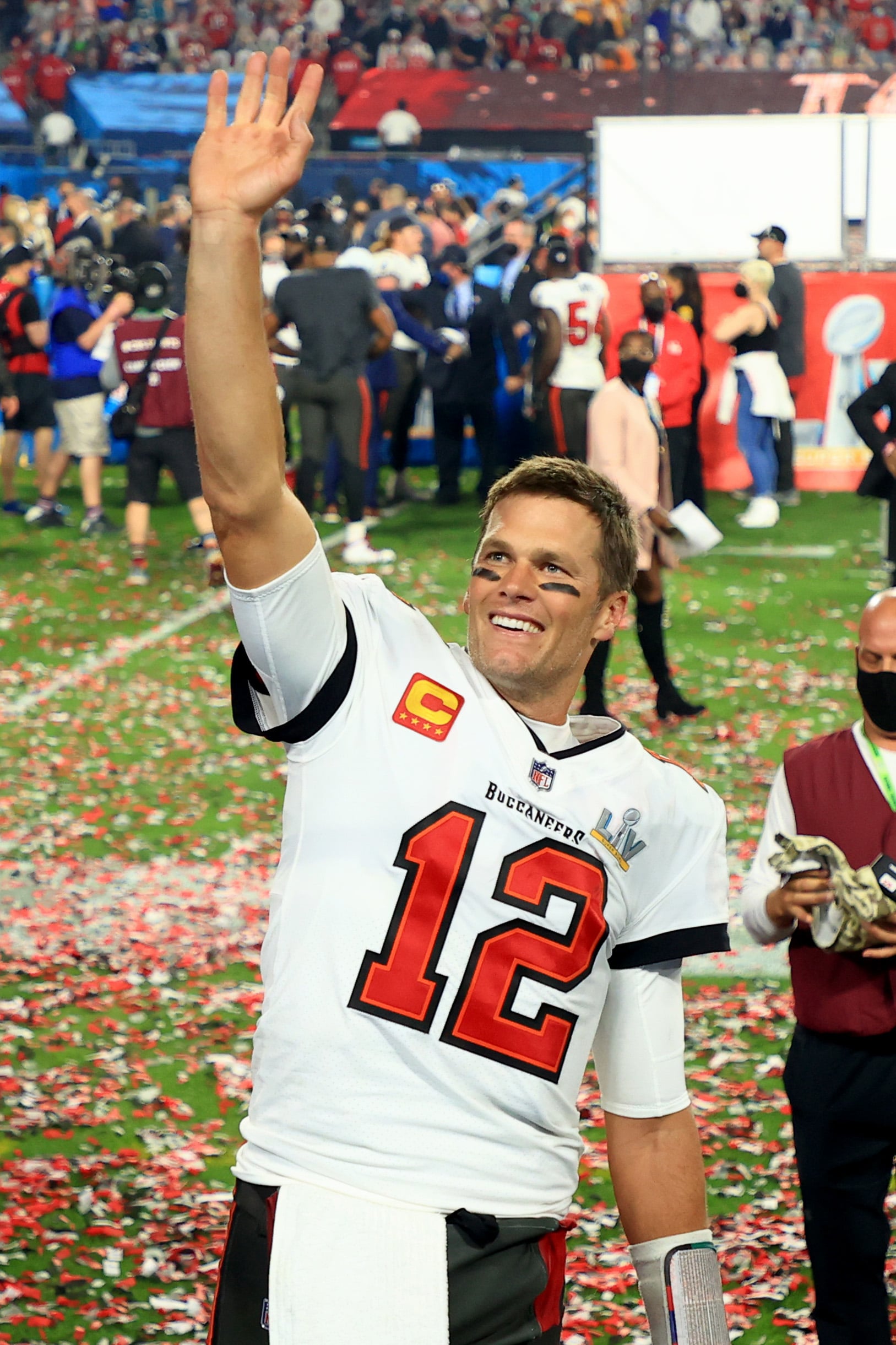 TAMPA, FLORIDA - FEBRUARY 07: Tom Brady #12 of the Tampa Bay Buccaneers celebrates after defeating the Kansas City Chiefs in Super Bowl LV at Raymond James Stadium on February 07, 2021 in Tampa, Florida. The Buccaneers defeated the Chiefs 31-9. (Photo by Mike Ehrmann/Getty Images)