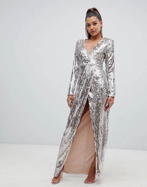ASOS Club L Fully Embellished Sequin Wrap Front Maxi Dress | Mandy Moore's Silver Sequined Dress 