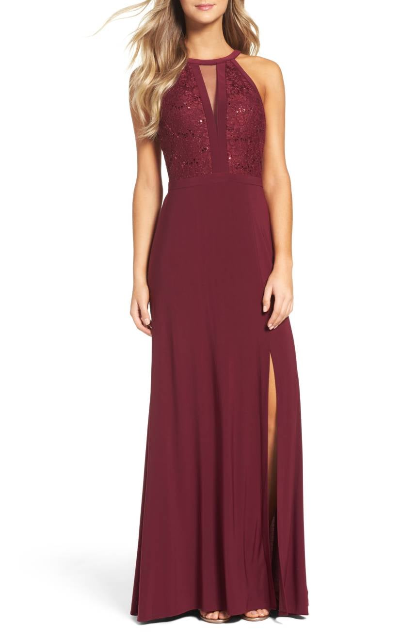 morgan and co lace and jersey gown