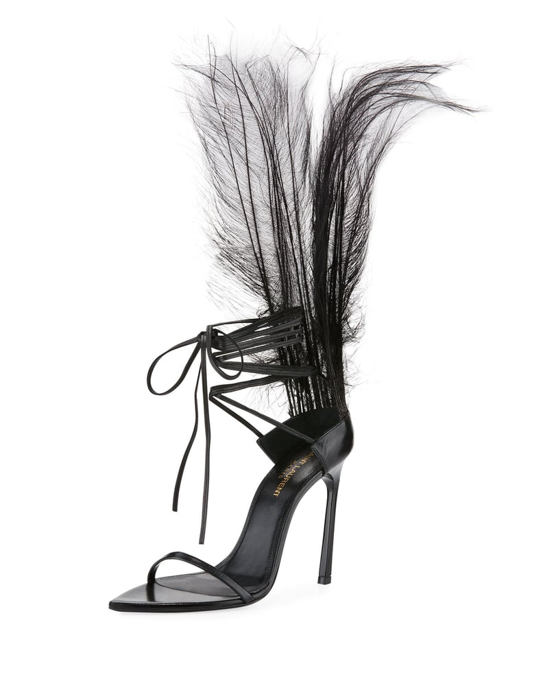 Beyoncé's Exact Shoes: Saint Laurent Iris Patent Sandal With Feathers