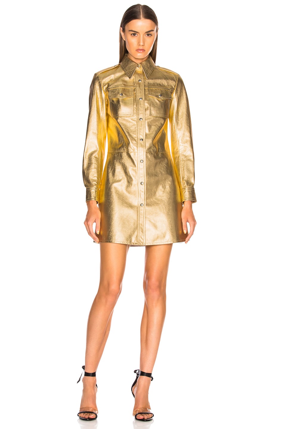 Calvin Klein Metallic Leather Western Shirt Dress in Gold | Selena Gomez's  Dress Is All About the Tiny Details — and There's a Wholllle Lot of 'Em |  POPSUGAR Fashion Photo 11