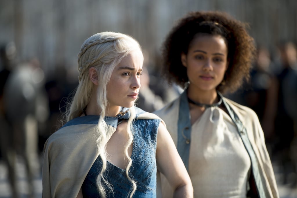 Emilia Clarke as Daenerys and Nathalie Emmanuel as Missandei.