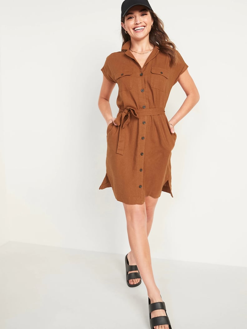 Old Navy Waist-Defined Linen-Blend Tie-Belt Shirt Dress