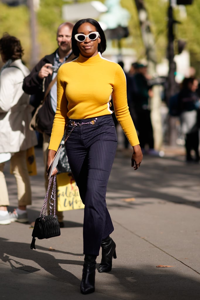 Style a Yellow Turtleneck With Pinstriped Pants