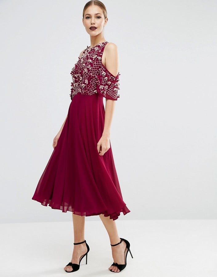 Asos Cold Shoulder Flutter Sleeve Embellished Bodice Midi Dress