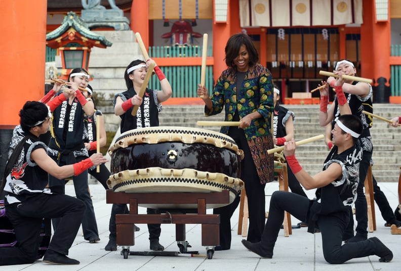 Drumming during an official visit to Japan in 2015.