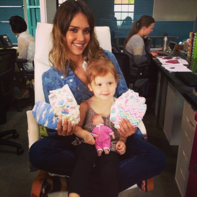 Jessica Alba had a visitor at work — Haven Warren — to help show off her company's latest diaper designs.
Source: Instagram user jessicaalba