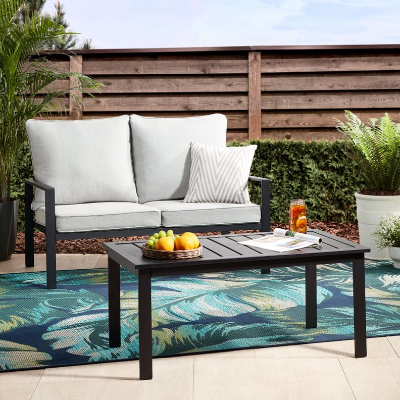 A Loveseat: Mainstays Asher Springs Outdoor 2-Piece Loveseat Sofa & Table Set