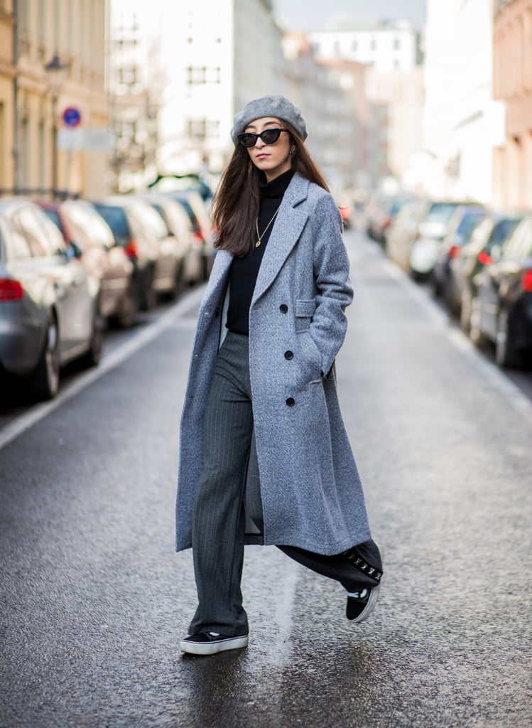 With a Turtleneck, Wide-Leg Trousers, a Long Coat, and a Beret