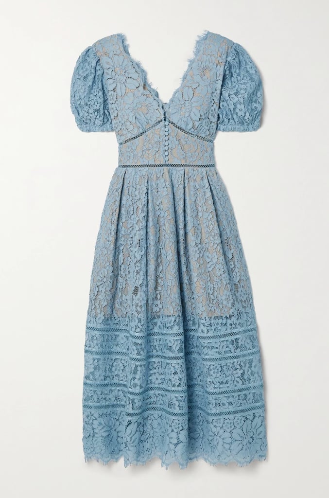 Blue Bridesmaid Dress: Self-Portrait Crochet-Trimmed Cotton-Blend Corded Lace Midi Dress
