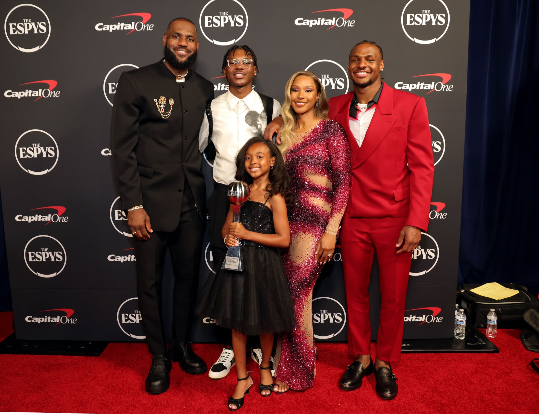 HOLLYWOOD, CALIFORNIA - JULY 12: (L-R) LeBron James, winner of Best Record-Breaking Performance, Bryce James, Zhuri James, Savannah James, and Bronny James attend The 2023 ESPY Awards at Dolby Theatre on July 12, 2023 in Hollywood, California. (Photo by Kevin Mazur/Getty Images)