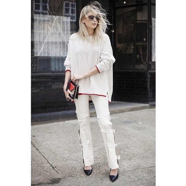 Wearing all-white separates with a few bold accents is bold enough as is, but choosing flats like these, instead of high-tops, will make you appear all the more polished.
Source: Instagram user camtyox