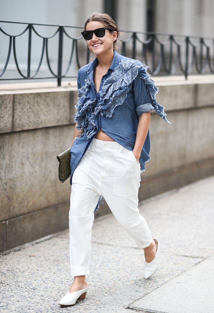 With a Deconstructed Denim Top and White Glove Heels