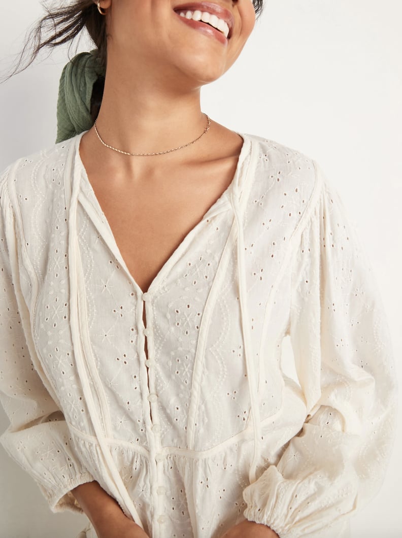 Old Navy Oversized Embroidered Cutwork Tie-Neck Blouse