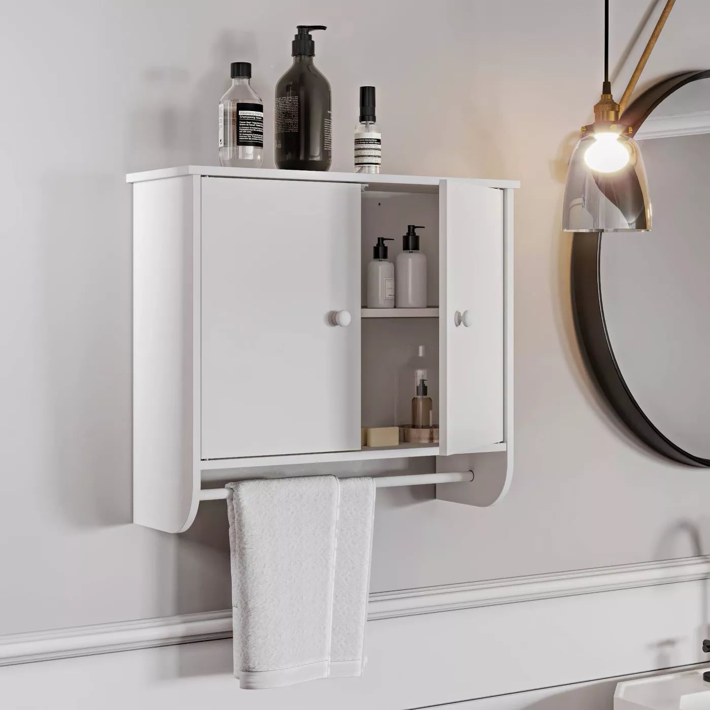 Over the toilet storage deals with towel bar