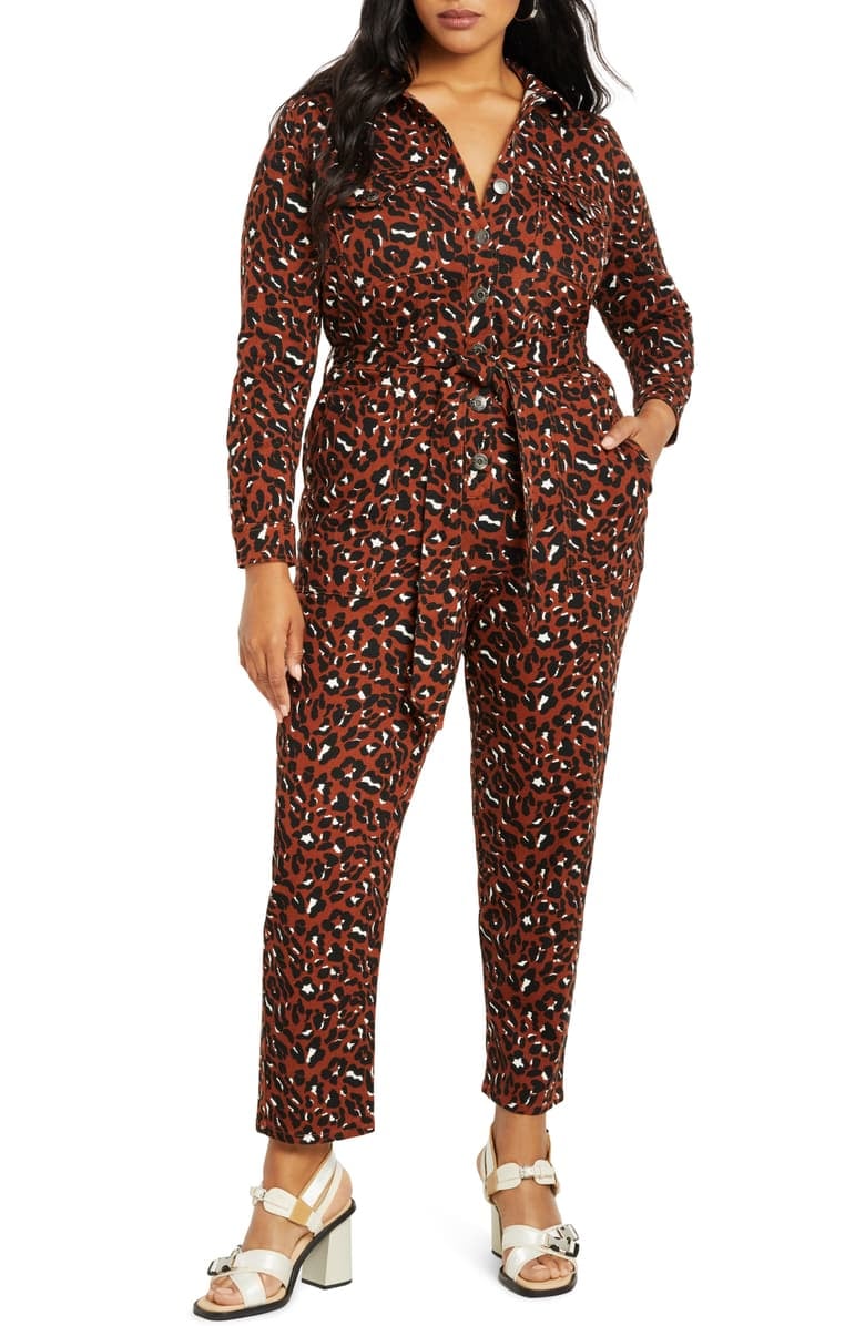 ELOQUII Leopard Print Long-Sleeve Cotton Jumpsuit