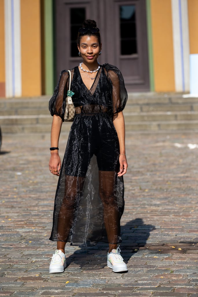 Layer a sheer puff-sleeve dress over a bike set in a matching colour