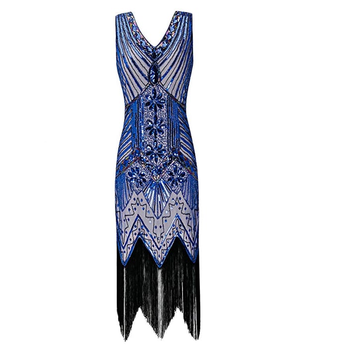 Metme 1920s V Neck Beaded Fringed Gatsby Theme Flapper Dress