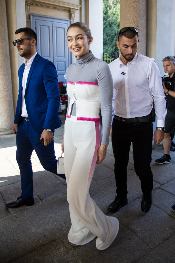 Gigi Hadid Layered a White and Pink Tube Top Over a Gray Turtleneck After the Tod's Show