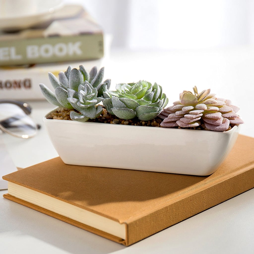 Miniature Faux Succulent Arrangement in White Ceramic Rectangular Planter