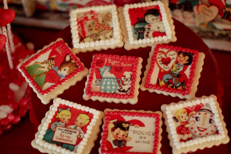 The party was based on vintage valentines, and the cookies represented the theme perfectly. 
Source: Jenny Cookies