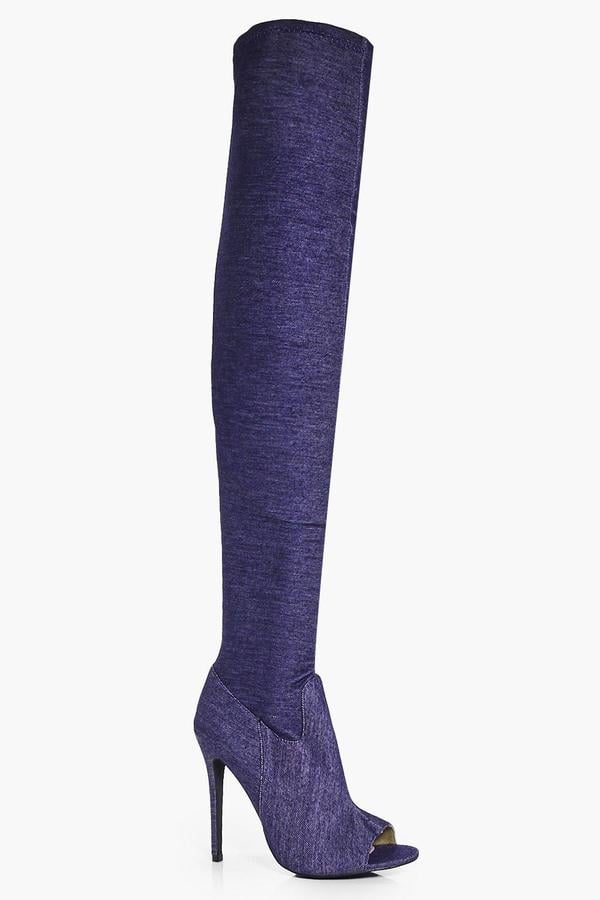 Boohoo Victoria Denim Peeptoe Thigh-High Boot ($72)