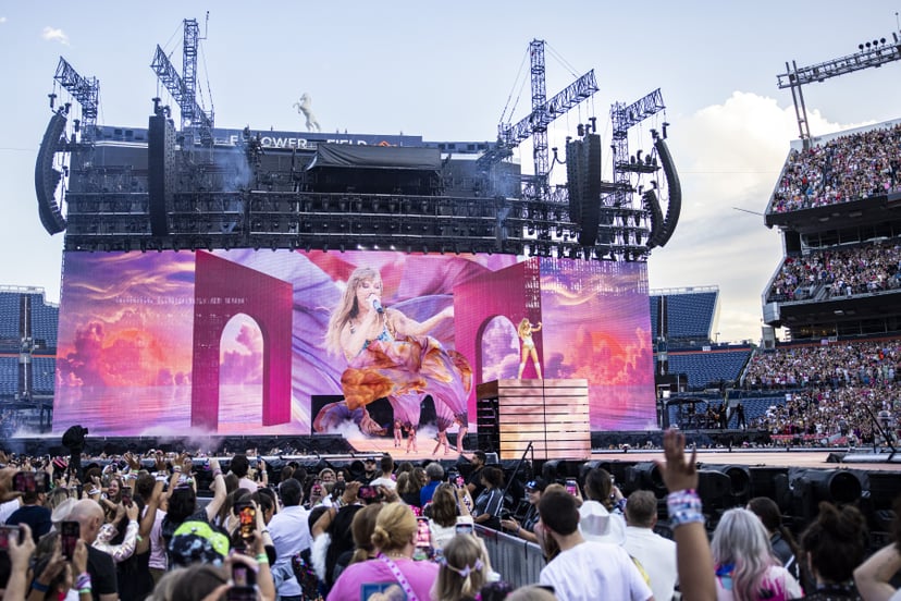 DENVER, COLORADO - JULY 14: Taylor Swift performs during night one of The Eras Tour in Empower Field at Mile High in Denver, Colo., on Friday, July 14, 2023. Thousands of fans crowded the stadium to enjoy the sold-out concert. (Photo by Grace Smith/MediaN