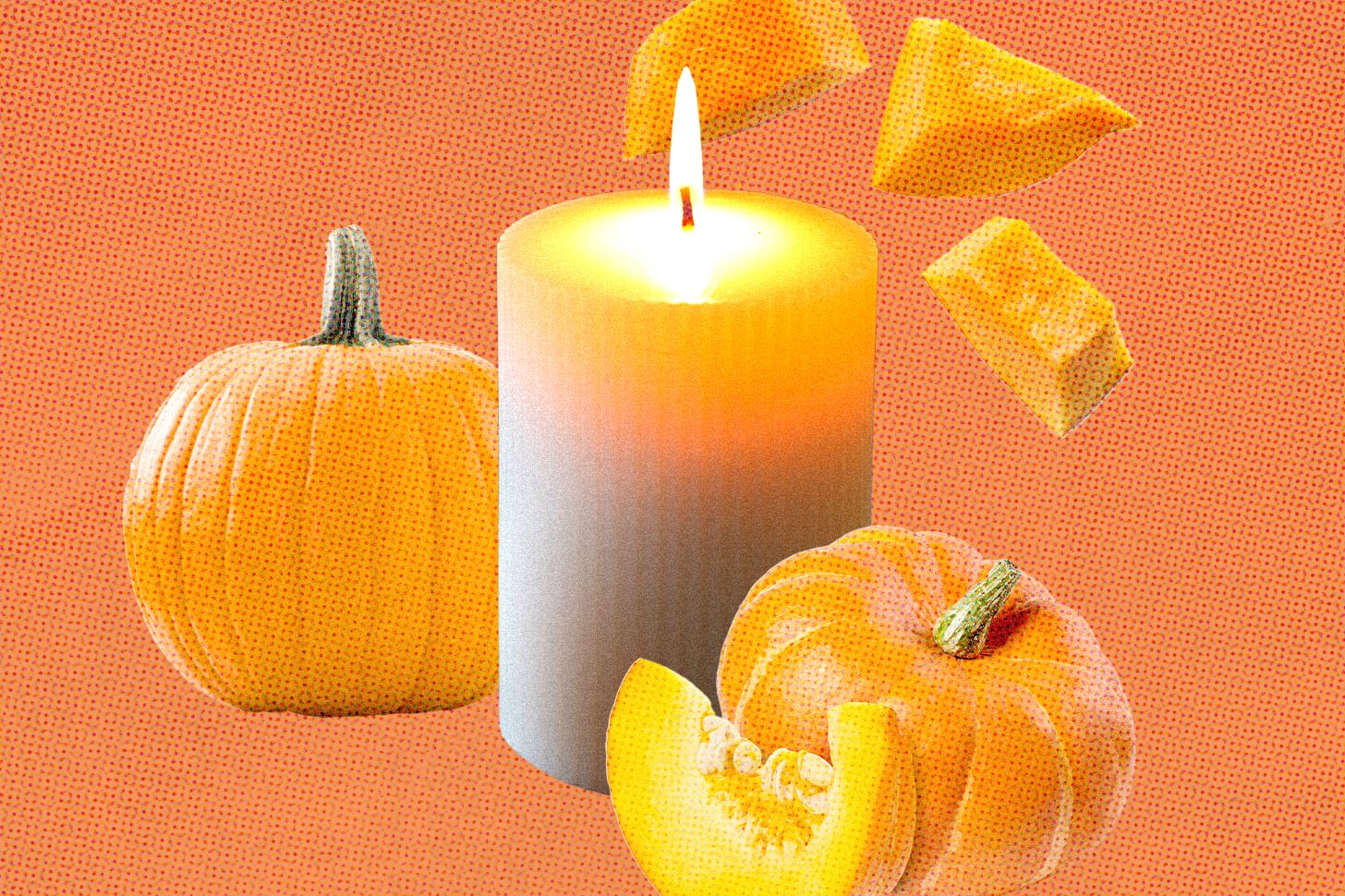 Orange Collage of a White Candle and Orange Pumpkin