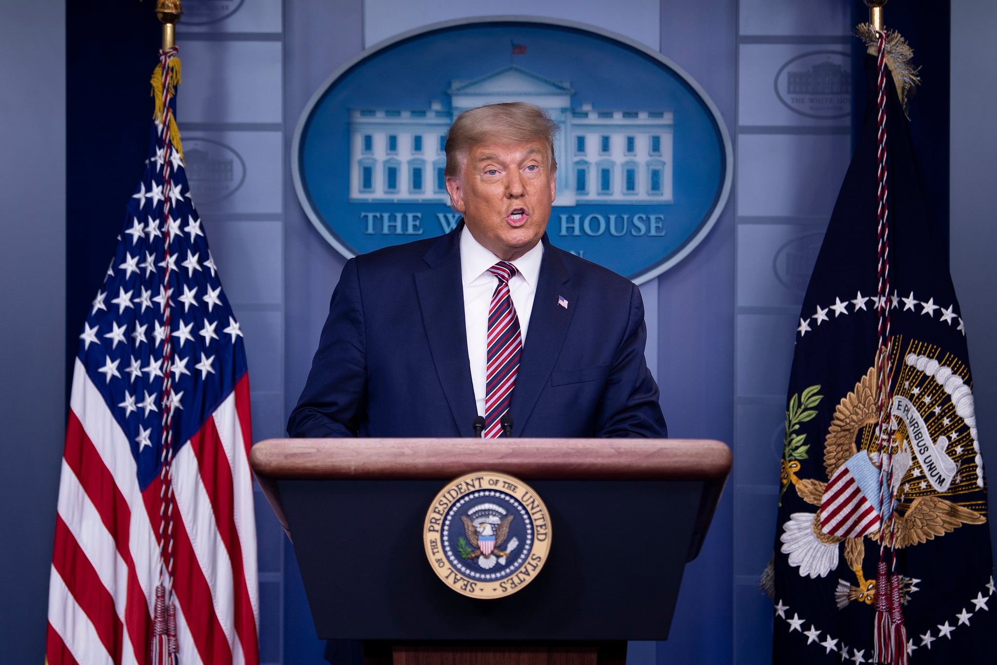 US President Donald Trump speaks in the Brady Briefing Room at the White House in Washington, DC on November 5, 2020. - Democrat Joe Biden is leading President Donald Trump in the race for the 270 electoral votes that will put one of them over the top, with the Democrat's campaign asserting they believe he has enough votes to win in key battleground states that remain undecided, like Pennsylvania. (Photo by Brendan Smialowski / AFP) (Photo by BRENDAN SMIALOWSKI/AFP via Getty Images)