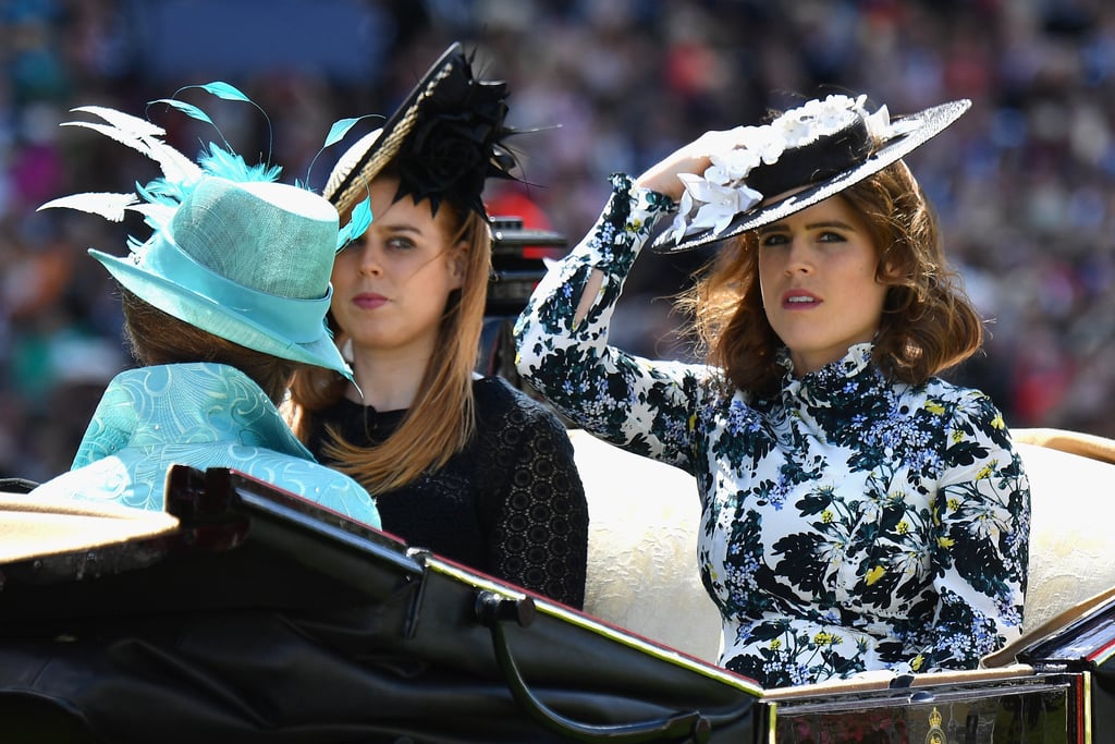 She teamed the dress with a black and white boater with a floating brim by Sally-Ann Provan.