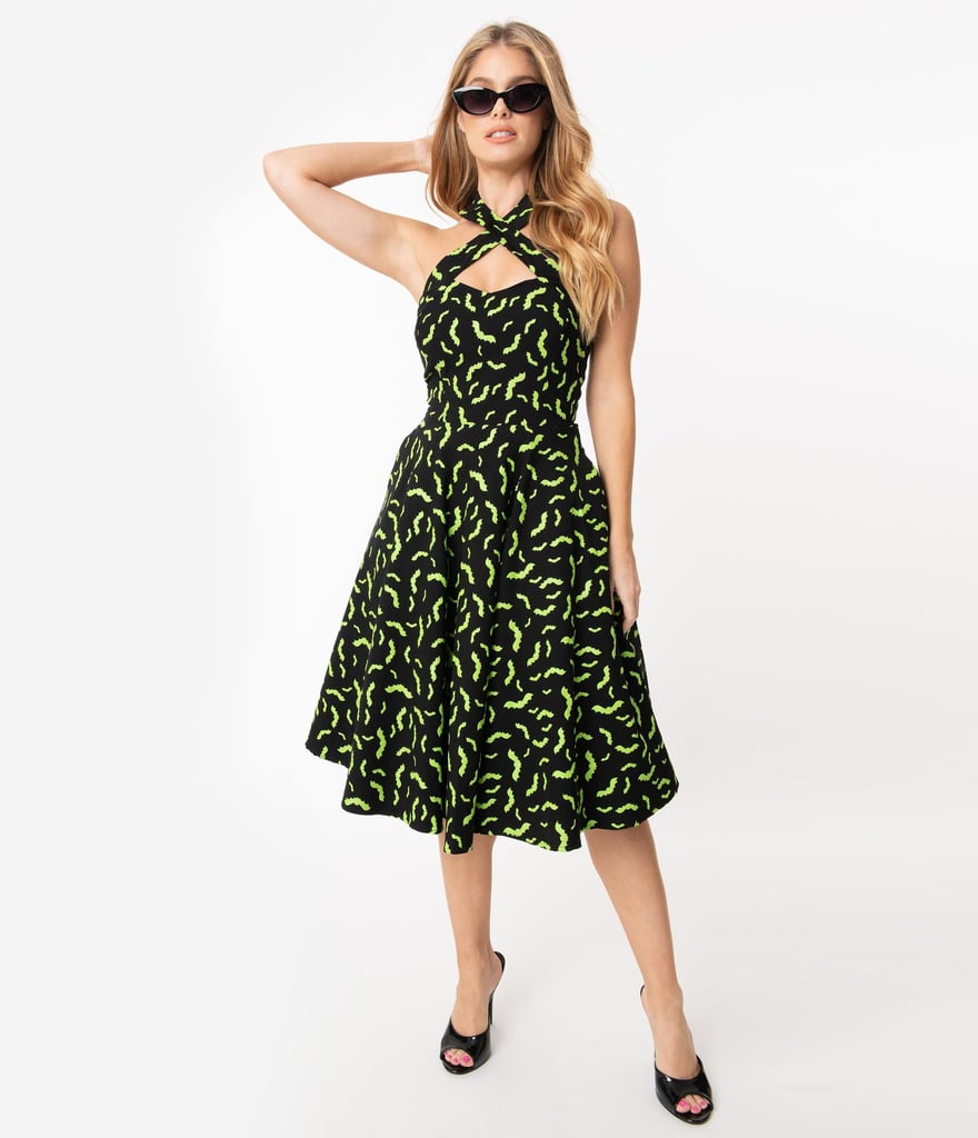 Unique Vintage Black and Neon Green Bats Rita Flare Dress