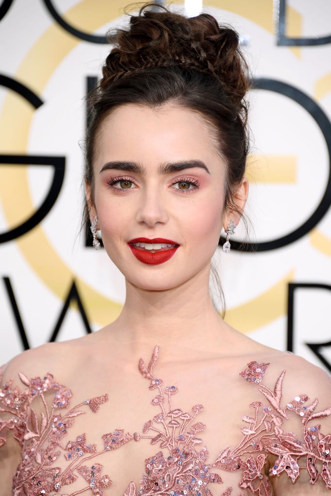 Lily Collins Hair and Makeup at the 2017 Golden Globes