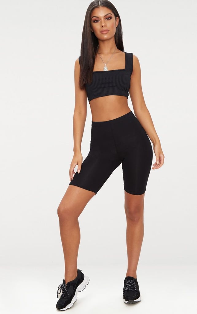 PrettyLittleThing Basic Black Bike Shorts Hailey Baldwin Sports Bra and Bike Shorts July 2018