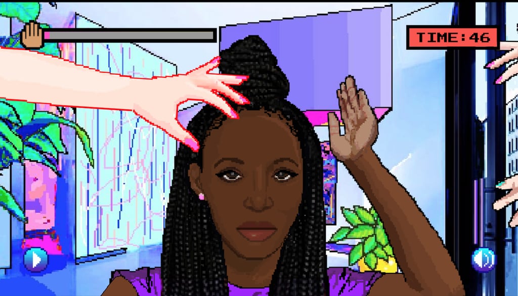 Then, get ready to swat! As women's voices coo un-sweet nothings like "So fluffy!!" and "Is it attached to your head?" you can use the arrow keys to slap away prying hands. 
So, a little bit louder for those folks in the back who still might not understand: keep your hands off strangers' strands!