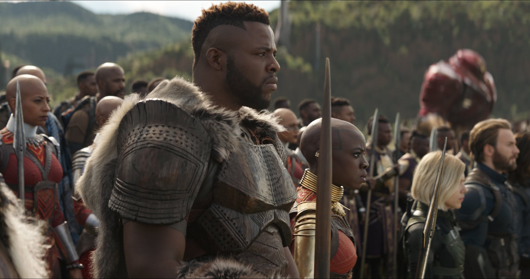 Marvel Studios' AVENGERS: INFINITY WAR..L to R: M'Baku (Winston Duke), Okoye (Danai Gurira), Black Widow/Natasha Romanoff (Scarlett Johansson) and Captain America/Steve Rogers (Chris Evans)..Photo: Film Frame..©Marvel Studios 2018