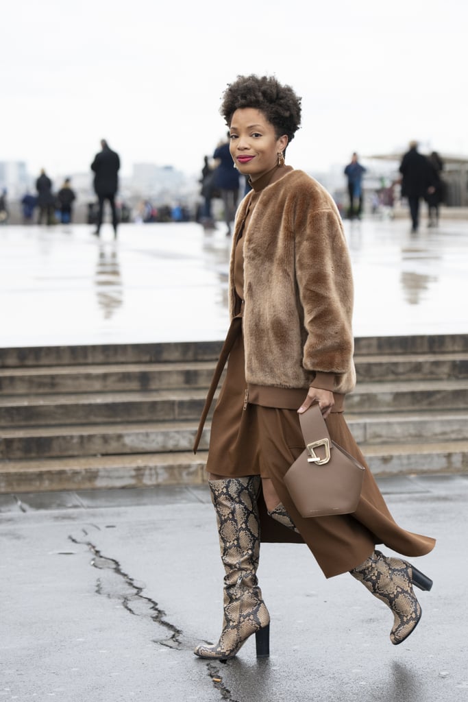 Winter Outfit Idea: A Furry Bomber and Sleek Dress With Boots | The ...