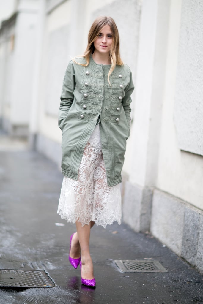 Give lace a modest finish with a buttoned-up jacket on top.