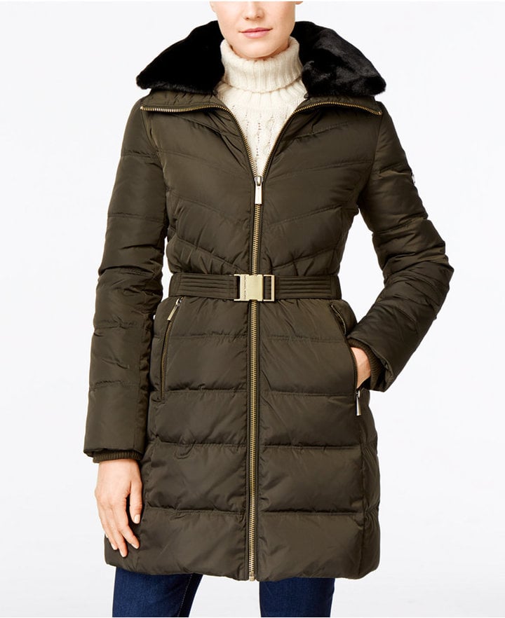 Michael Michael Kors Faux-Fur-Collar Belted Hooded Down Puffer Coat ...