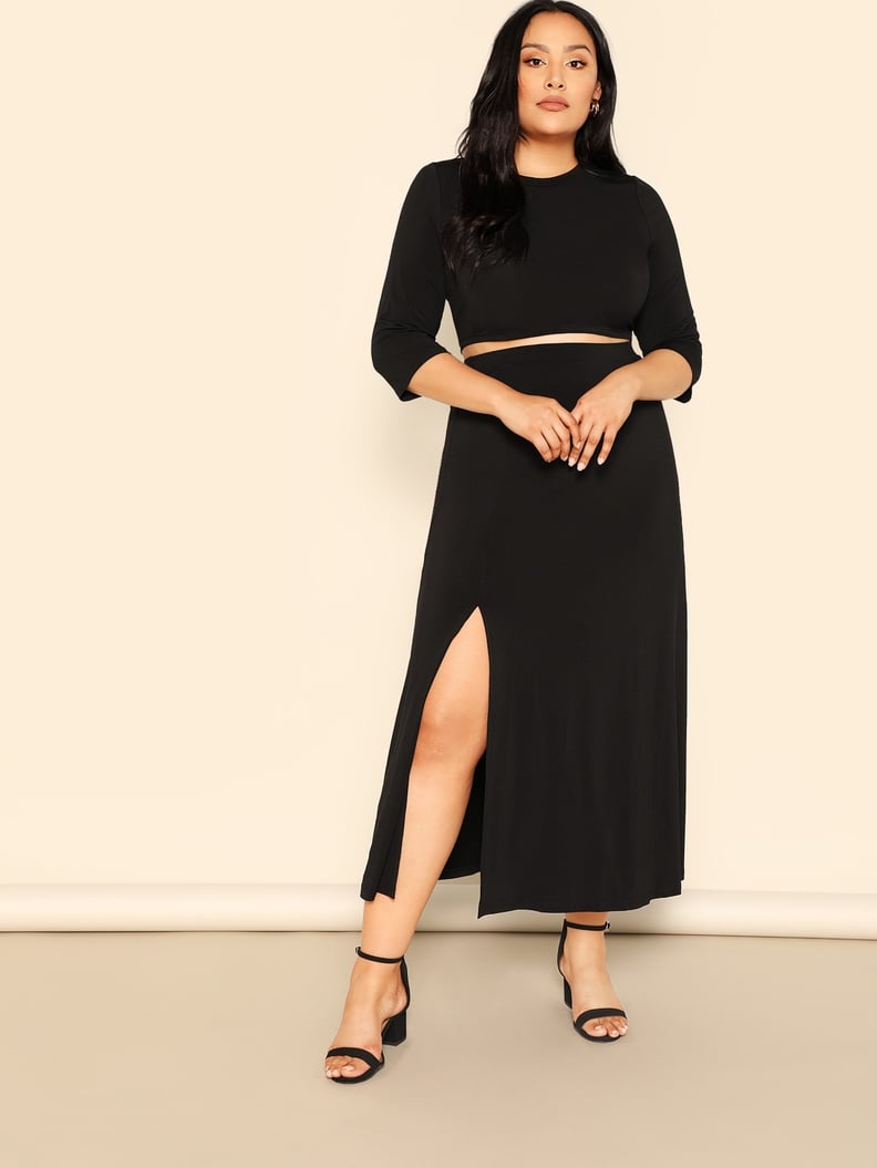 Shein Plus Solid Crop Top & Split Hem Skirt Set