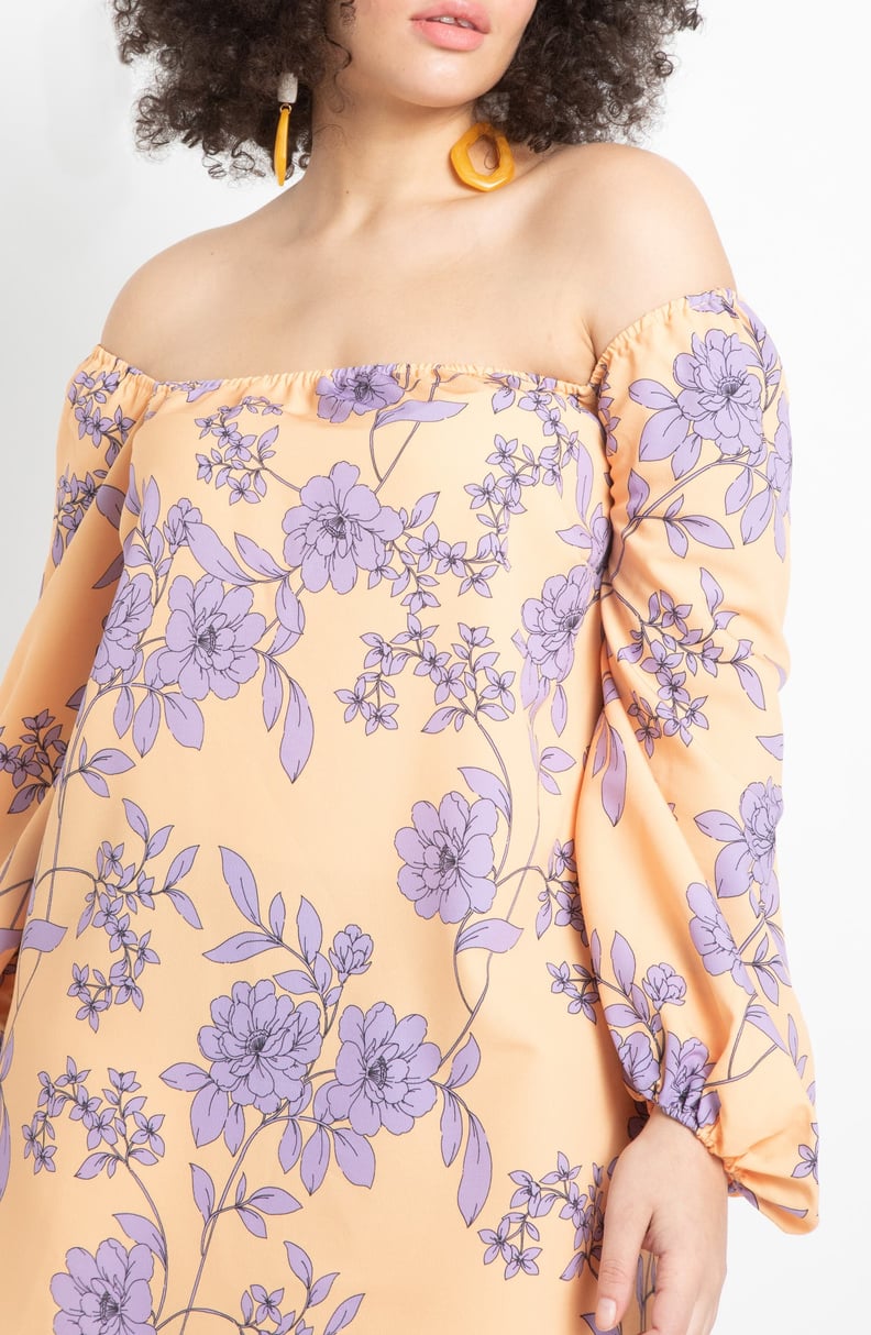 Eloquii Off the Shoulder Floral Print Long Sleeve Midi Dress