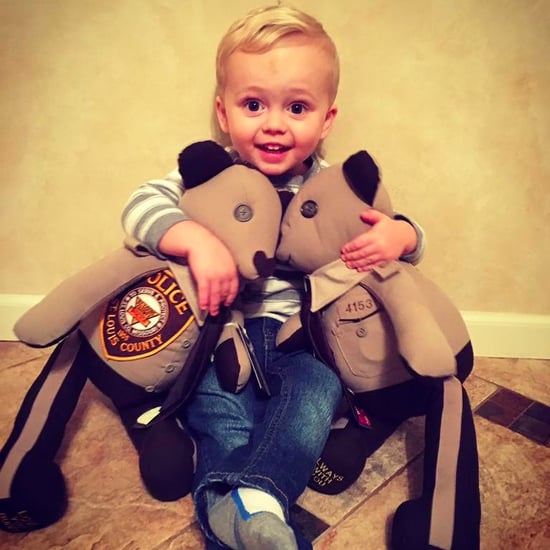 Boy Hugs Bears Made Out of His Dad's Uniforms