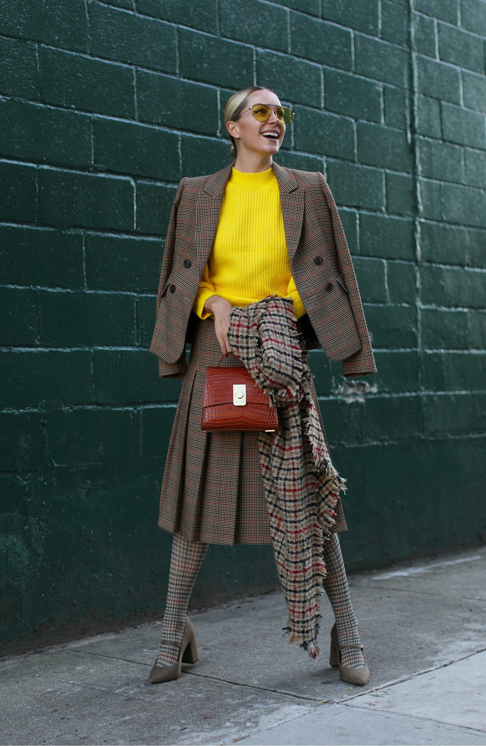 Yellow plaid skirt and blazer nordstrom top
