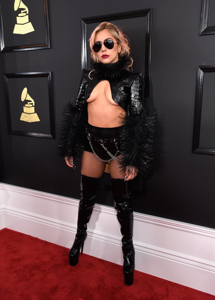 Lady Gaga showed up at the 2017 Grammys wearing a risky black leather look by Alex Ulichny.