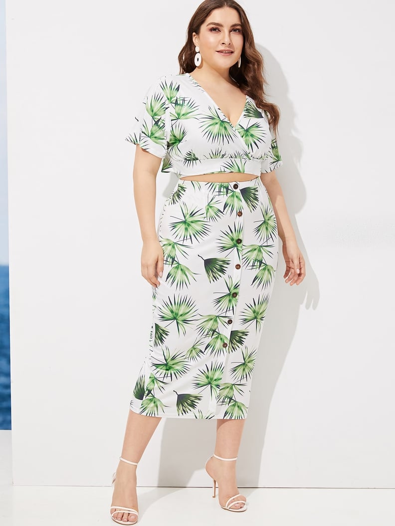 Shein Plus Plant Print V-neck Top With Skirt