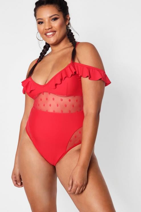 Boohoo Plus Polka Dot Mesh Ruffle Swimsuit