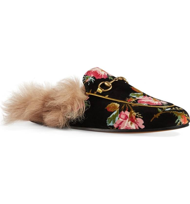 Gucci Princetown Floral Genuine Shearling Trim Mule