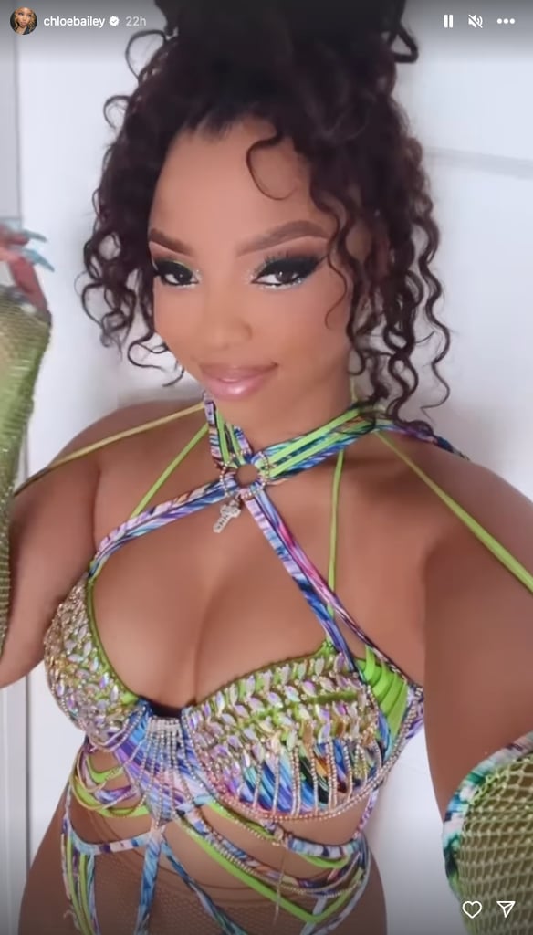 Chlöe Bailey's Green and Purple Cutout Bodysuit and Fishnets