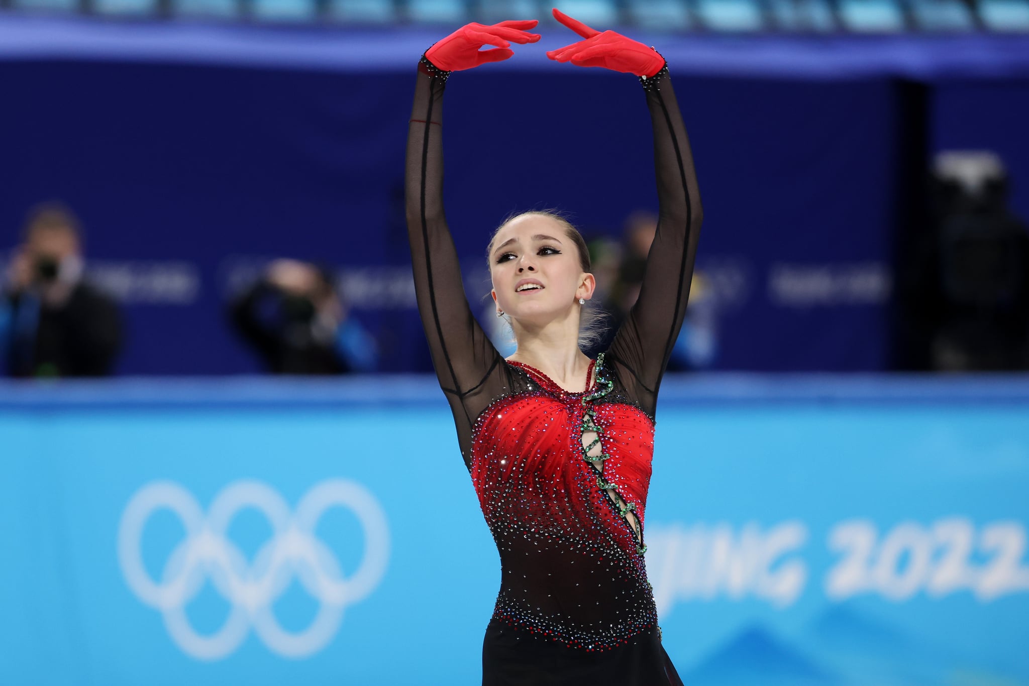 Kamila Valieva of Team ROC reacts during the Women Single Skating Free Skating Team Event on day three of the Beijing 2022 Winter Olympic Games.