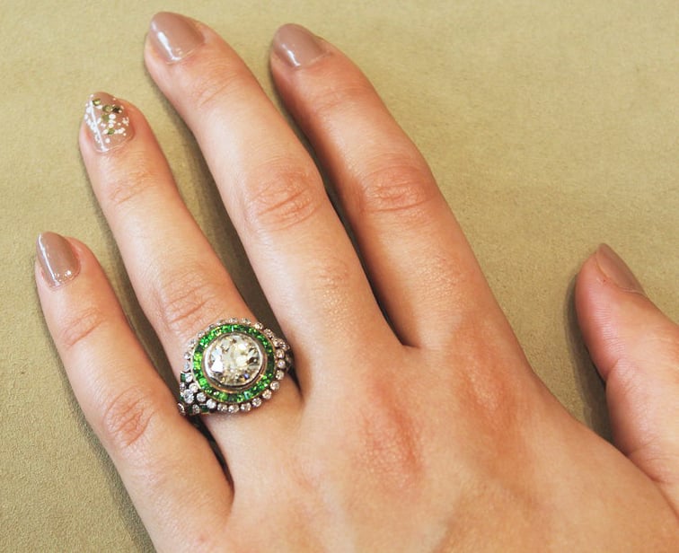 2.33 Carat European-Cut Diamond Ring With Demantoid Garnets ($22,800)